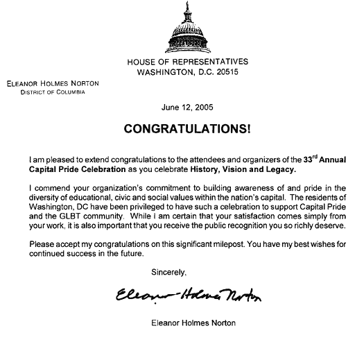 Letter from DC Representative Eleanor Holmes Norton