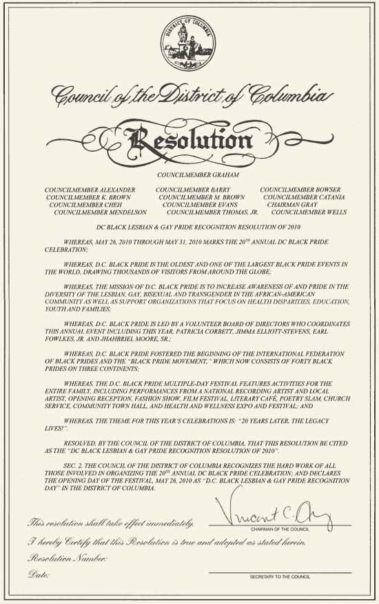 DC Black Lesbian and Gay pride Recognition Resolution of 2010