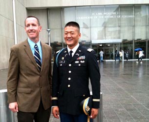 Pietrangelo and Choi outside courthouse after charges were dropped