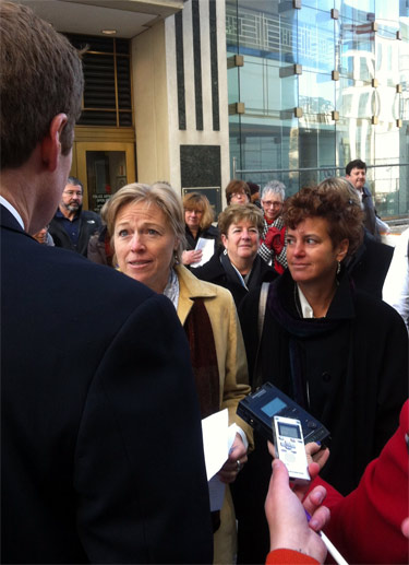 Janice Canterbury and Nadia Malley of Arlington, speak at a rally for marriage equality where they asked Paul Ferguson, clerk of the circuit court of Arlington County, to grant them a marriage license. Their request was rejected, due to Virginia's ban on