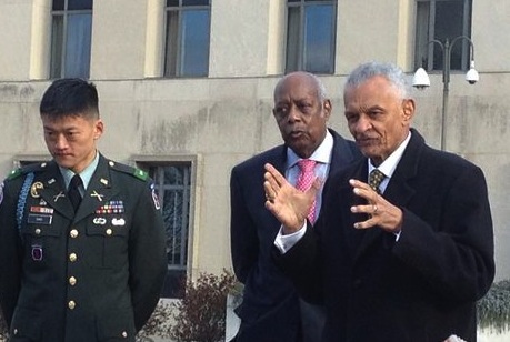 Dan Choi outside the U.S. district court prior to his trial, with Rev. C.T. Vivian (right).