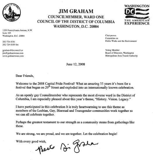 Pride welcome letter from DC Councilmember, Jim Graham