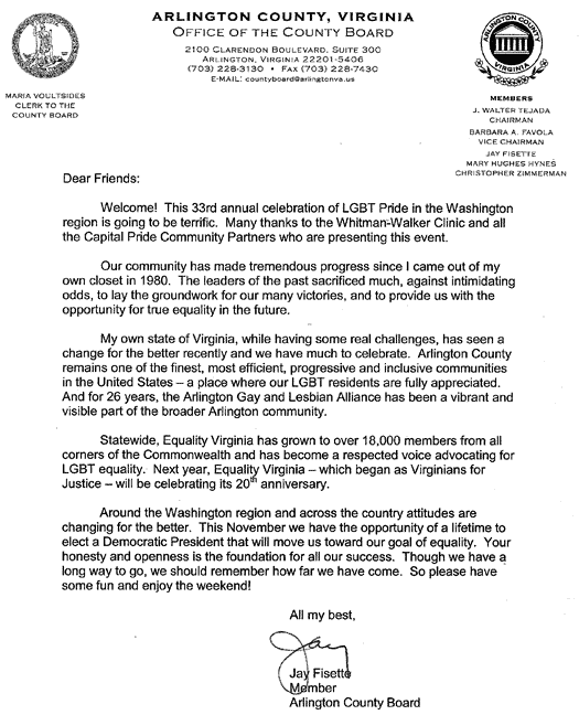 Letter from Arlington County Board Member Jay Fisette
