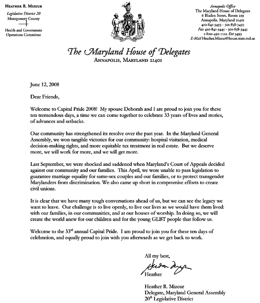 Letter from Maryland Delegate, Heather Mizeur