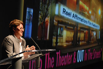 Margaret Murray addresses the opening night crowd at Reel Affirmations 19