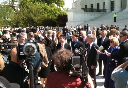 Christian Legal Society lawyer Michael McConnell speaks to press outside Supreme Court