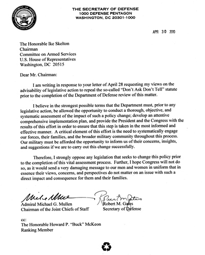 Letter from Defense Secretary Robert Gates and Adm. Mike Mullen to Rep. Ike Skelton (D-Mo.)