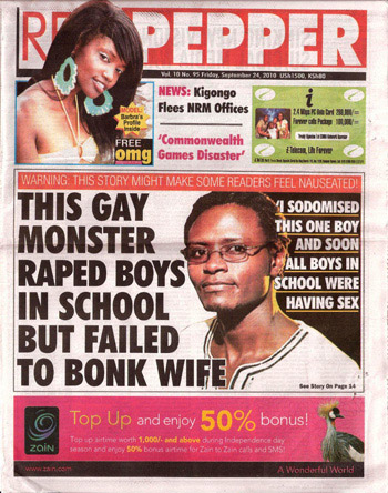 Uganda's Red Pepper uses front page to attack gay asylum seeker