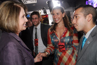 House Minority Leader Nancy Pelosi (D-Calif.) talks with Danny Hernandez at the Servicemembers Legal Defense Network event celebrating the repeal of ''Don't Ask, Don't Tell.''