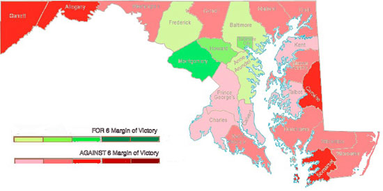 Map of Maryland Counties that voted FOR and AGAINST Question 6 to approve Marriage Equality
