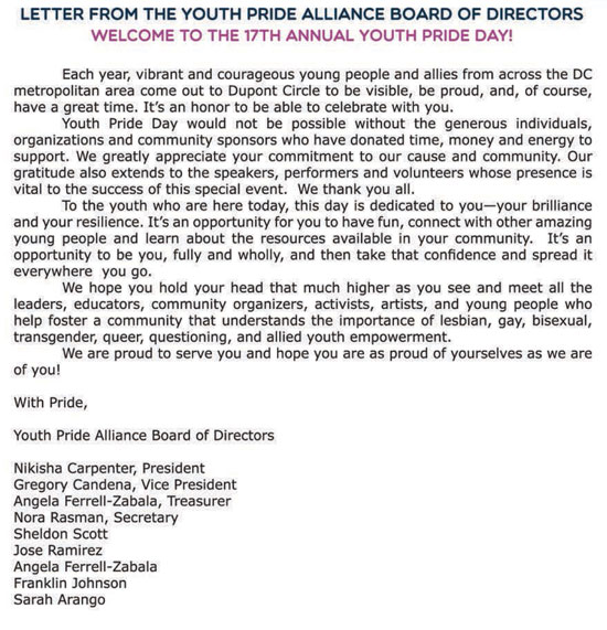 Letter from the Youth Pride Alliance Board of Directors
