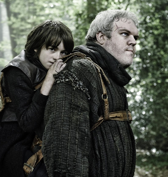 Issac Hempstead-Wright with Kristian Nairn as Bran Stark and Hodor, by Helen Sloan / HBO