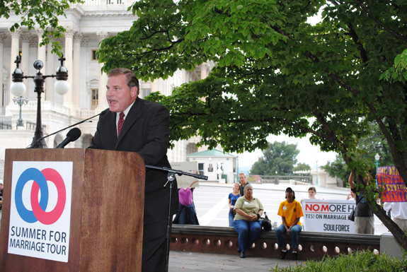NOM's Brian Brown speaks to the crowd at a rally on Aug. 15, 2010. (Photo by Cavin Le)