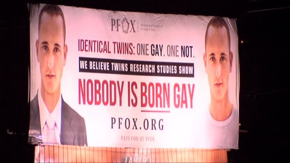 This billboard by Parents and Friends of Ex-Gays & Gays (PFOX), which was displayed outside of the Richmond area, created a stir last December for claiming that sexual orientation is neither genetic or inborn. (Photo credit: NBC 12 Richmond)