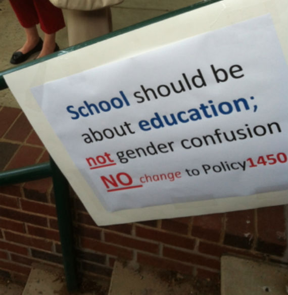A sign from the recent debates over Fairfax County Public Schools adopting pro-LGBT policies that include gender identity. (Credit: john Riley)
