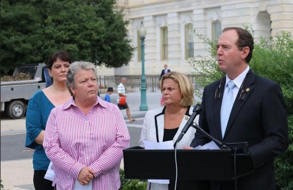 U.S. Reps. Adam Schiff (far right) and Ileana Ros-Lehtinen (right) speak at a press conference. Also pictured are, from left to right, Jodi Hobbs, president of the Survivors of Institutional Abuse Organization, and Lorri Jean, CEO of the Los Angeles LGBT Center. (Credit: Tess Whittlesey, Office of Congressman Adam Schiff)