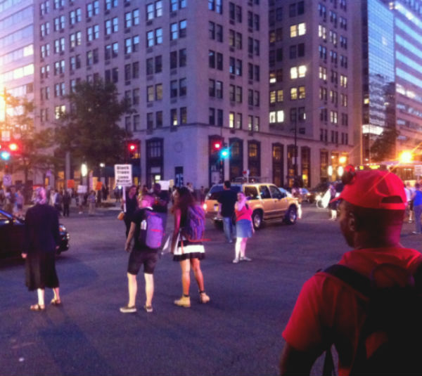 Demonstrators from Black Lives Matter's "Trans Liberation Tuesday" rally took to the streets afterward, shutting down a major intersection at 14th and K Streets NW in downtown D.C. (Credit: John Riley).