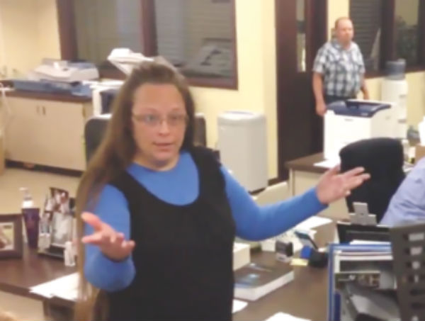 A still frame of a video clip showing Rowan County Clerk Kim Davis rejecting couples seeking marriage licenses on Sept. 1. (Video: Hillary Thornton, WKYT.)