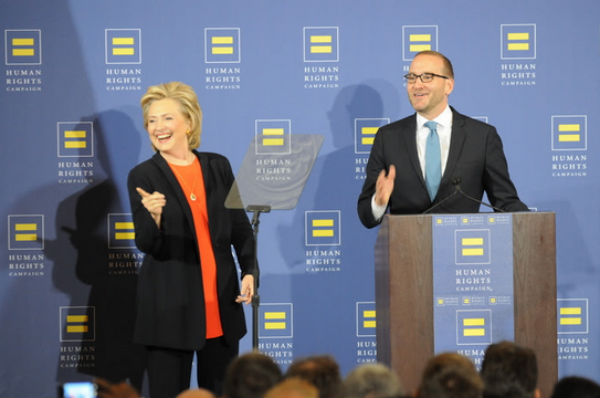 Hillary Clinton gets introduced by HRC President Chad Griffin (right) before her speech to LGBT activists and members of the Human Rights Campaign on Oct. 3 in Washington. (Photography by Ward Morrison)