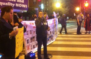 Alexa Rodriguez of the TransLatina Collective addresses the crowd during the demonstration blocking traffic at 14th and Irving Streets NW. John Riley