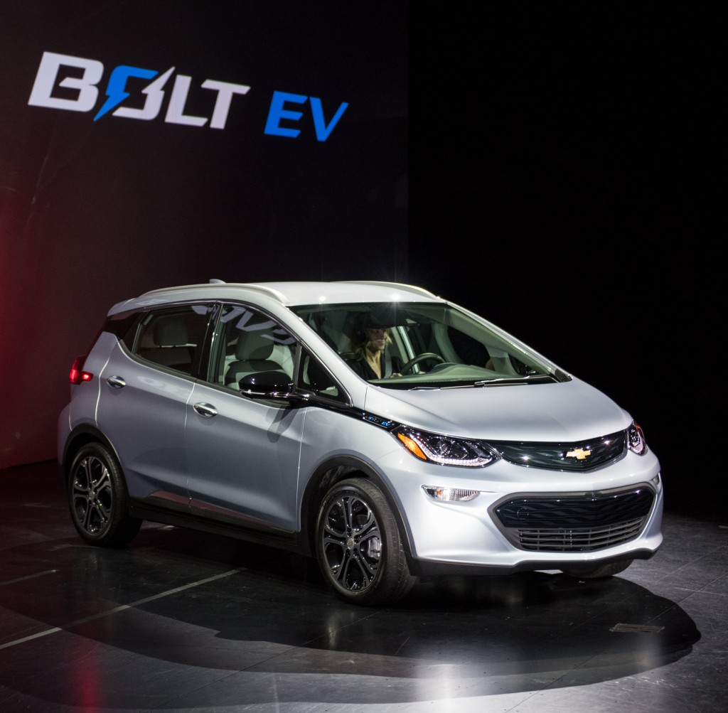 The 2017 Chevrolet Bolt EV makes its world debut at the Consumer Electronics Show Wednesday, January 6, 2016 in Las Vegas, Nevada. The Bolt EV offers more than 200 miles of range on a full charge at a price below $30,000 after Federal tax credits. The Bolt EV also offers connectivity and infotainment technologies seamlessly integrating smartphones and other electronic devices. The Bolt EV will go into production by the end of 2016. (Photo by Steve Fecht for Chevrolet)