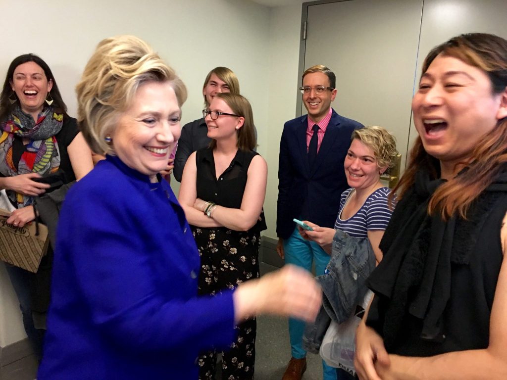 Hillary Clinton meets Pearl Love (r) during a campaign stop. Credit: Pearl Love / Facebook