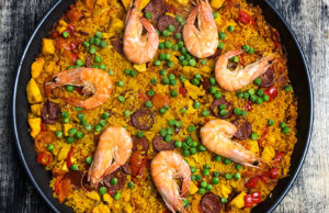 Pan of Paella with shrimp