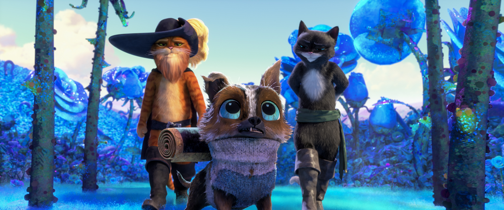 Puss in Boots (Antonio Banderas), Perrito (Harvey Guillén) and Kitty Softpaws (Salma Hayek Pinault) -- Image: Joel Crawford.