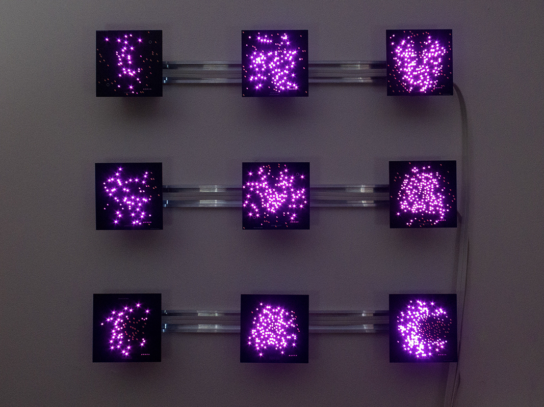 "Rxsqtta-Stzne" Chris Combs.Custom board, pink LED, computer, radio, motion sensor, algorithm, PLA, DIN rail