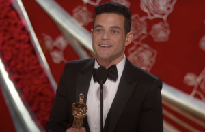 Rami Malik accepting the Best Actor Oscar at the 2019 Academy Awards.