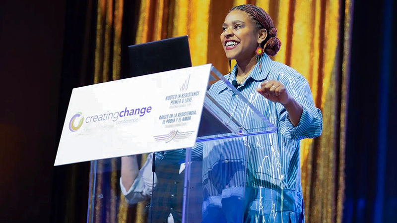 Kierra Johnson speaking at Creating Change 2025, Photo Courtesy LGBTQ Taske Force