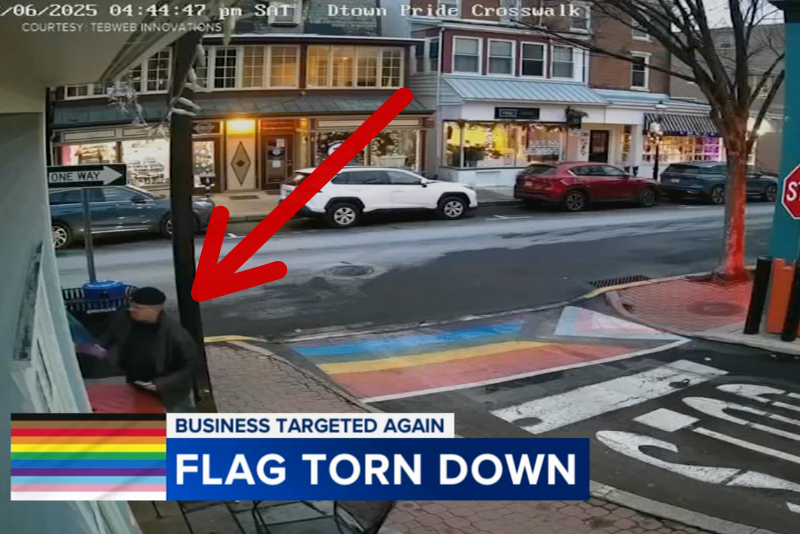 Man rips down Pride Flag outside Evolution Candy - Screenshot: WPVI-TV/6abc