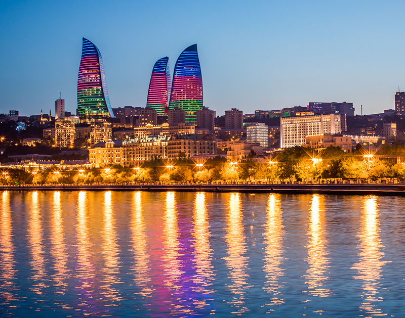 Cityscape view of Baku, capital city of Azerbaijan. Flame towers. - Photo: VisualCommunications via iStockphoto