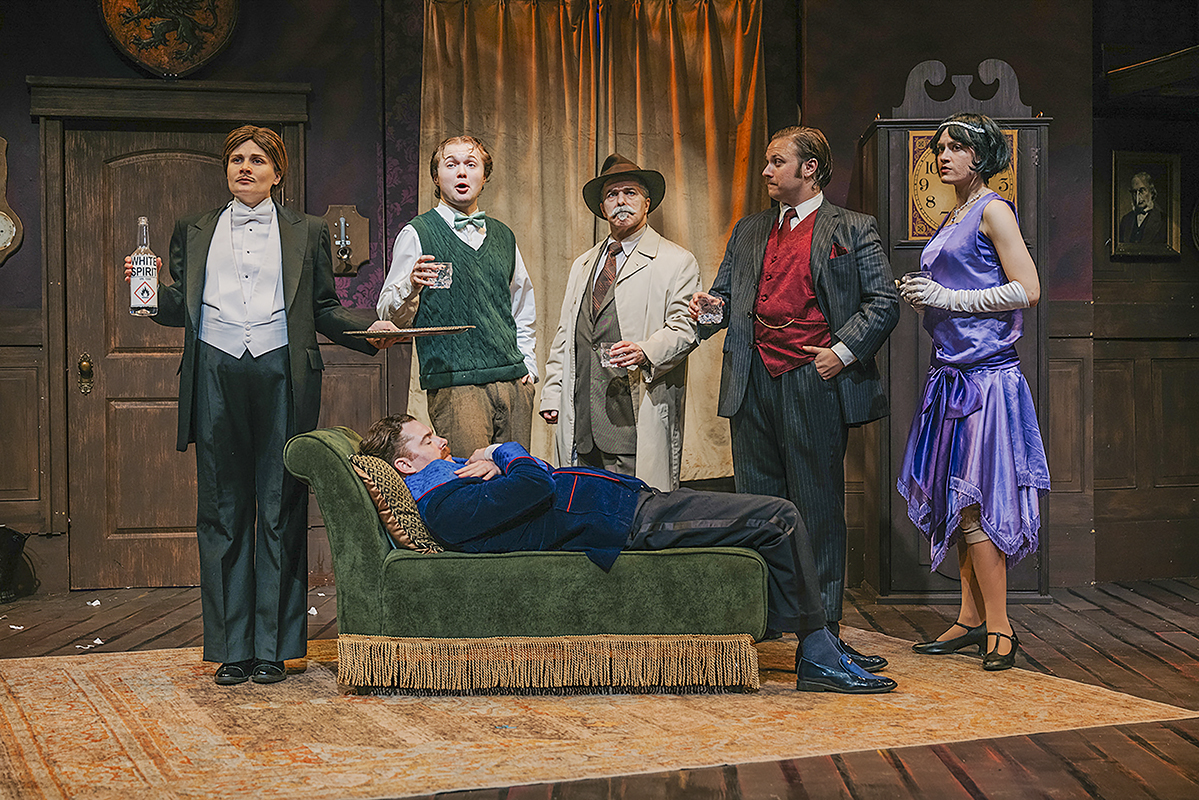 The Play That Goes Wrong: Rebecca Ballinger, Jimmy Bartlebaugh, Matthew Pauli, Jackson Saunders, Leah Packer (front) Jared H Graham - Photo: Cameron Whitman